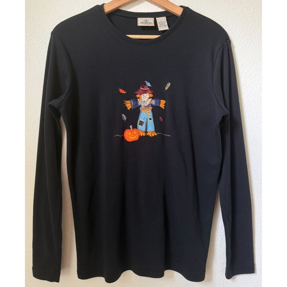 Halloween T Shirt Womens Size S Black Embroidered Scarecrow Pumpkin Long Sleeve